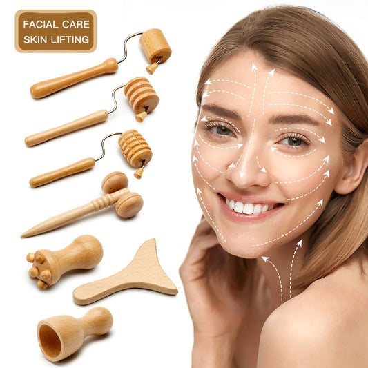 7/8pcs Face Spa Massager Maderoterapia Face Slimming Massage Roller Wood Therapy Gua sha Facial Lifting Stick Wrinkle Remover